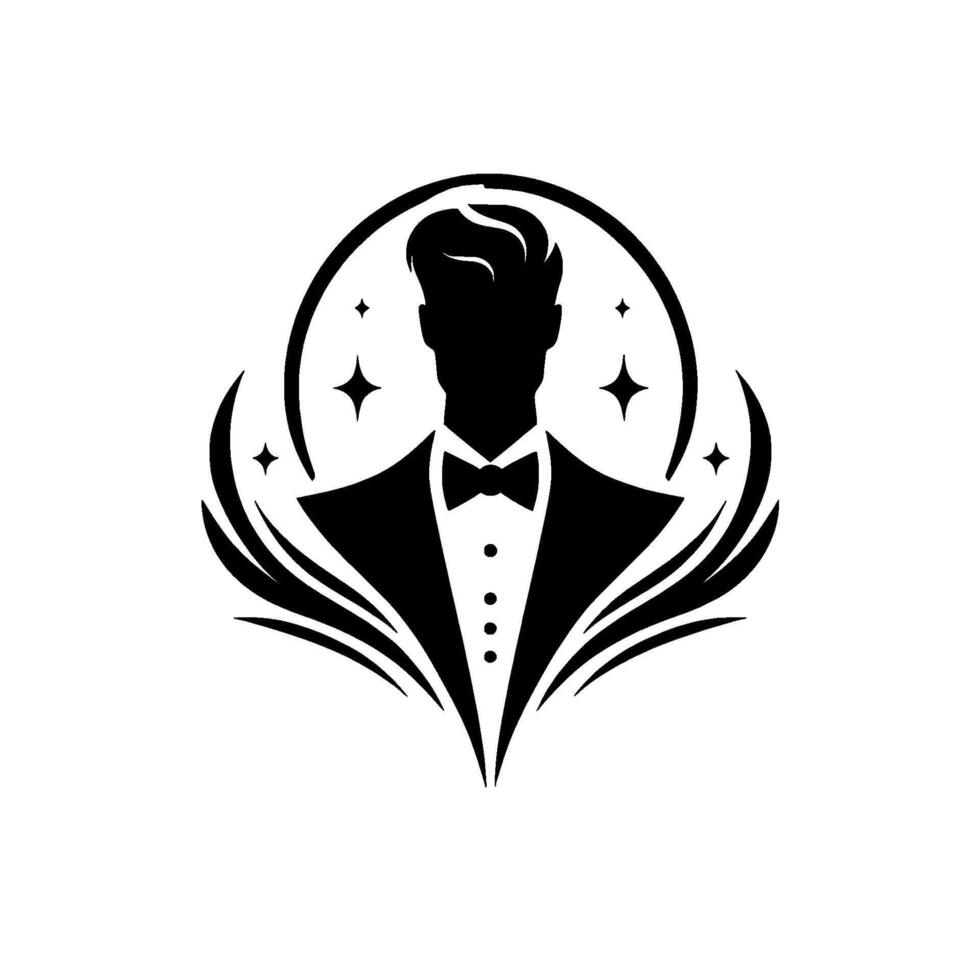 Elegant Black and White Silhouette Formal Gentleman with Bow Tie, Set Within a Circular Halo, Adorned with Starburst Accents and Decorative Wings. vector