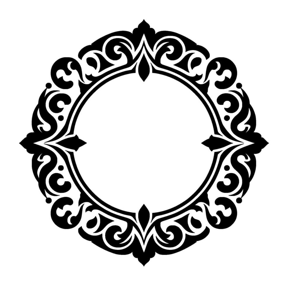 Intricate Black and White Circular Ornamental Frame Featuring Swirls and Floral Elements. vector