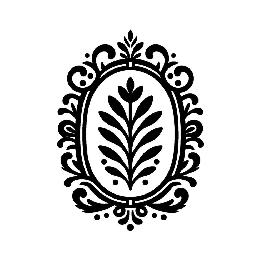 Intricate Black and White Floral Ornament Featuring an Oval Frame Surrounding a Stylized Leaf Arrangement on a White Background. vector