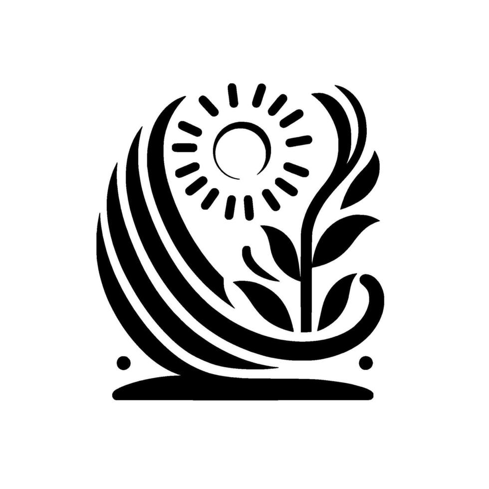 A stylized black and white illustration featuring a sun, swirling lines, and plant life, evoking growth and harmony. vector