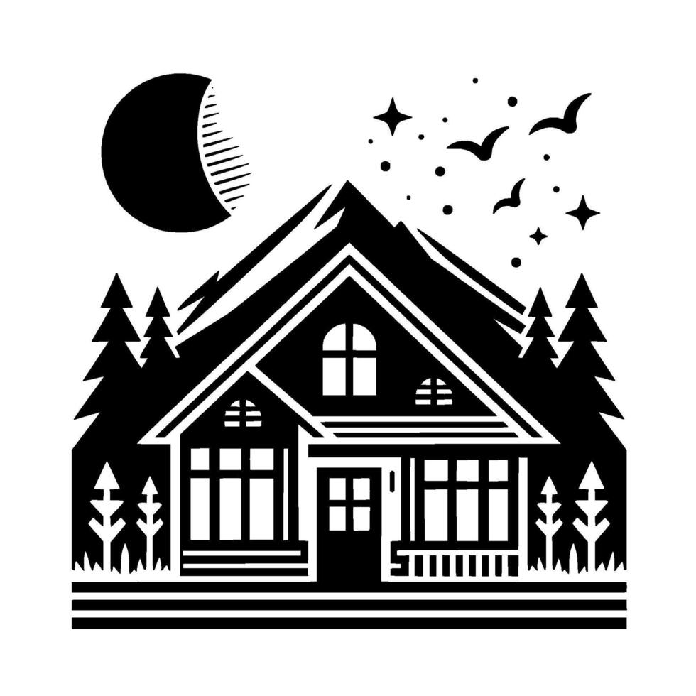 Silhouette illustration of a cozy cabin nestled amidst a mountain, under a crescent moon, with flying birds and stars, creating a serene, nocturnal landscape. vector
