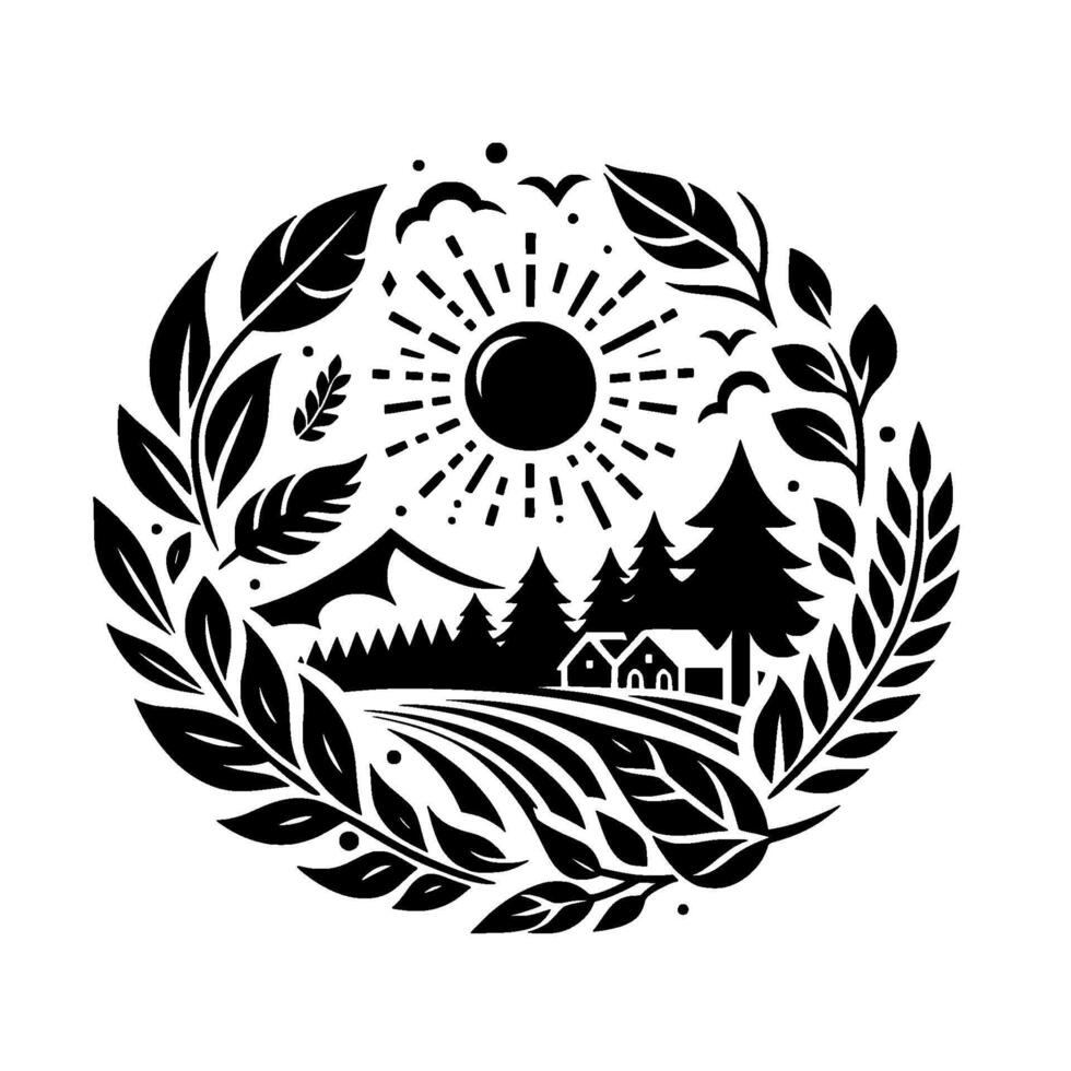 A circular, minimalist black and white illustration depicting a serene landscape with a sun, mountains, trees, a house, and foliage. vector