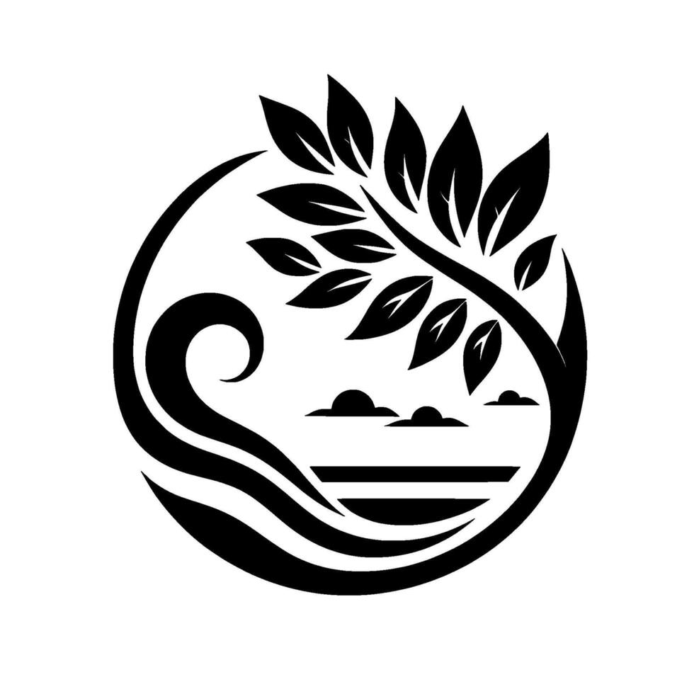 Circular nature , featuring a tree with leaves, waves, clouds, and horizontal lines representing water and horizon. vector
