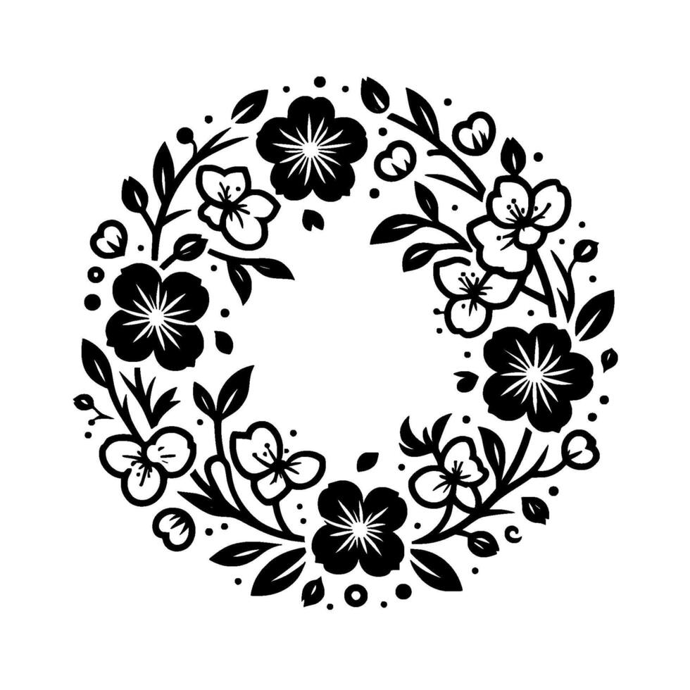 Elegant Black and White Floral Wreath with Detailed Petals, Leaves, and Dots on a Plain White Background. vector