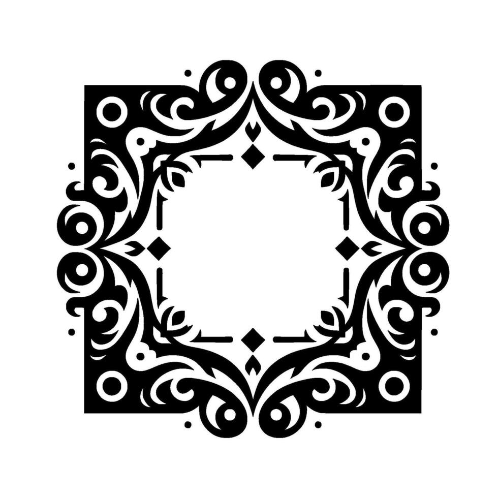 Intricate Black and White Square Ornate Frame with Floral and Geometric Motifs, Centered White Space, Symmetrical Arrangement. vector