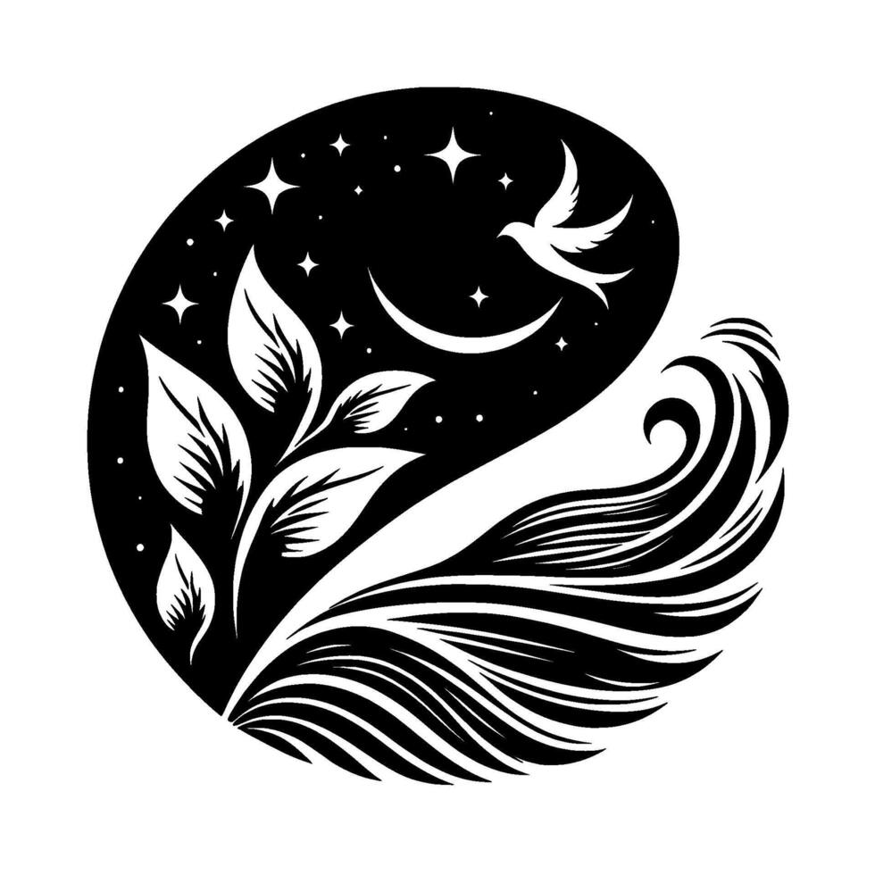 Black and White Celestial Leafy Branch, Bird in Flight, Crescent Moon, Stars, and Flowing Lines inside an Oval. vector