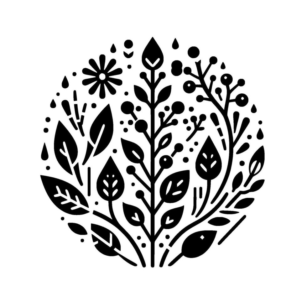 A symmetrical black and white botanical illustration featuring stylized leaves, berries, and floral elements arranged within a circular composition on a clean white backdrop, evoking a sense of simpli vector