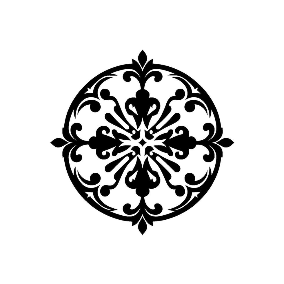 Intricate Black and White Circular Ornamental with Symmetrical Flourishes and Floral Elements, Isolated on White. vector