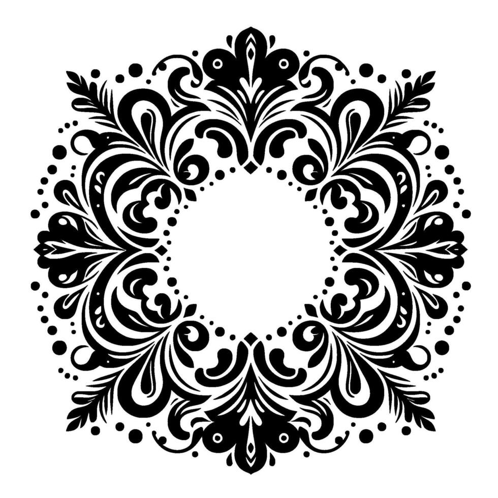 An intricate symmetrical circular , rendered in black and white, featuring stylized floral and foliate elements, and a decorative dotted border. vector