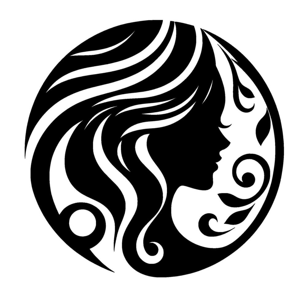 Elegant Silhouette of a Womans Profile Within a Circular Frame, Featuring Flowing Hair and Decorative Floral Elements, in a Monochromatic . vector