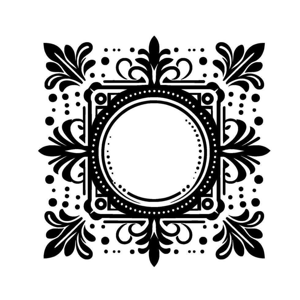 Elegant Black White Circular Frame with Decorative Floral Elements, Symmetrical , and Detailed Dot Accents on a Clean White Background. vector