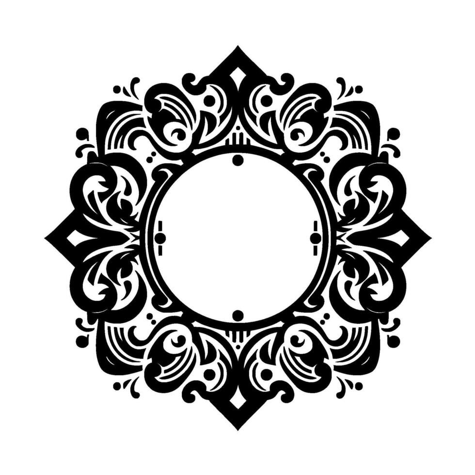 Intricate Black and White Ornamental Mandala Circular Framework with Flowing, Symmetrical Floral Elements and Geometric Accents, Isolated on White. vector