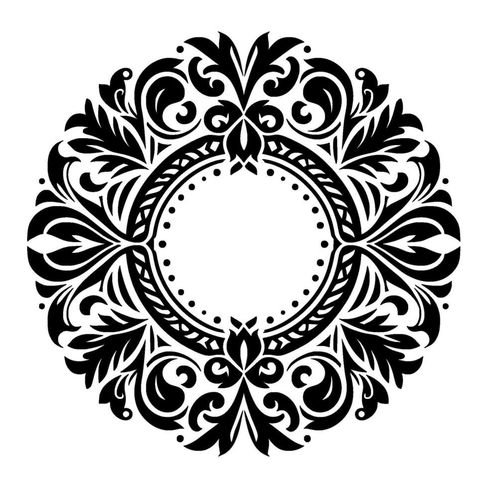 Elegant symmetrical black and white floral , intricate circular ornament with a central empty circle for text or further detail, on a crisp white background. vector