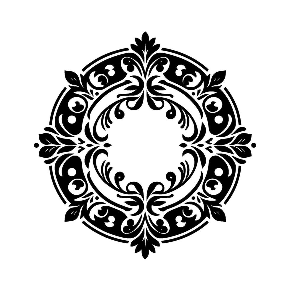 Intricate, symmetrical black and white circular floral with stylized leaves and swirling embellishments, creating a decorative emblem or ornamental pattern on a white background. vector