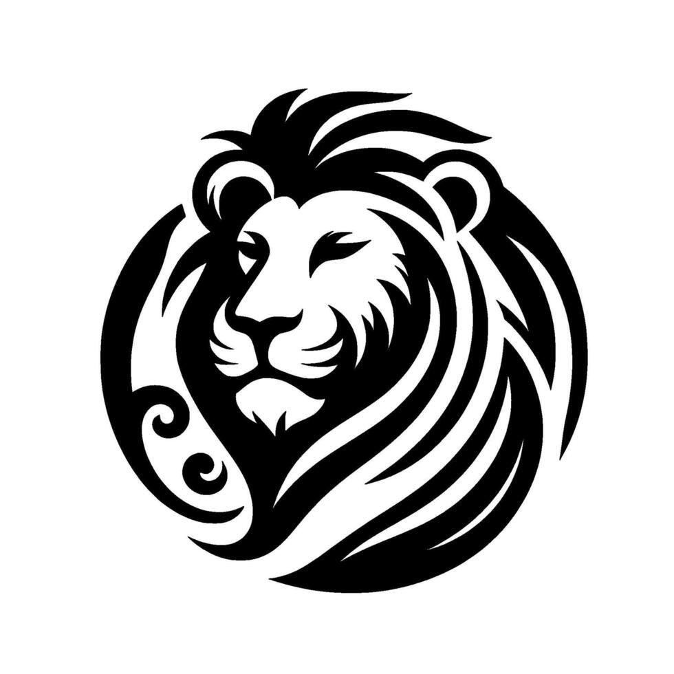 Powerful Black and White Lion Head Crest in Circular Tribal , Symbolizing Strength and Courage on White Background. vector