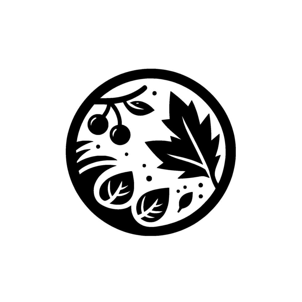 Intricate black and white circular featuring cherries, leaves, and dots, set against a clean white backdrop, minimalist and elegant. vector