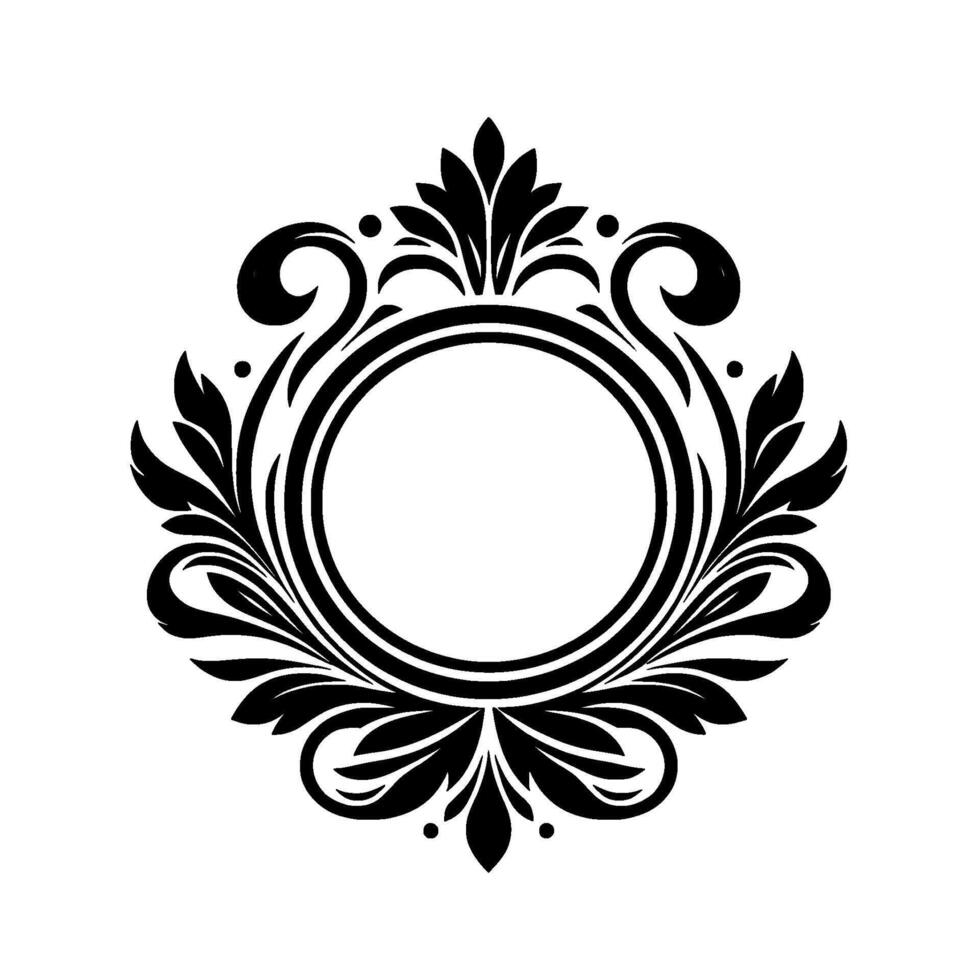 Ornate Black and White Circular Frame with Leaf and Scroll Flourishes for Elegant Branding and Decorative . vector