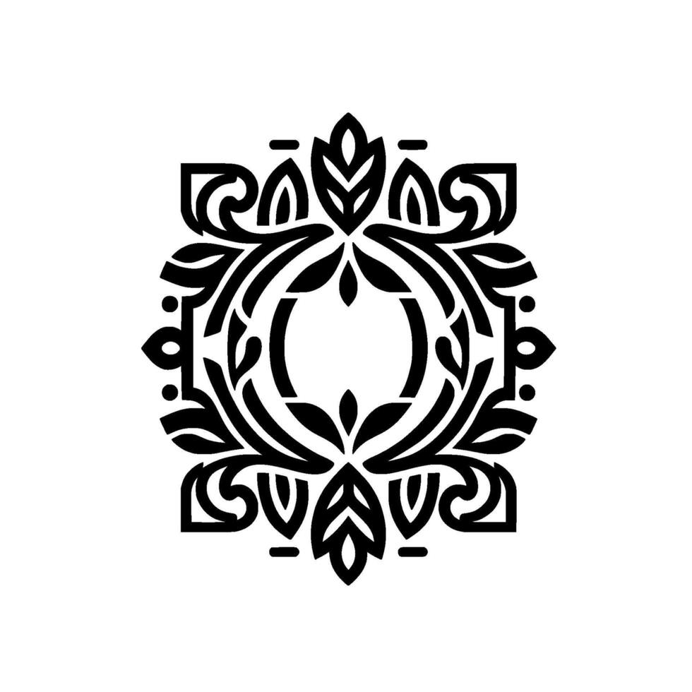 Symmetrical Black and White Floral Emblem Featuring Ornate Leaf and Scroll Motifs, Ideal for Decorative Branding and Elegant Visuals. vector
