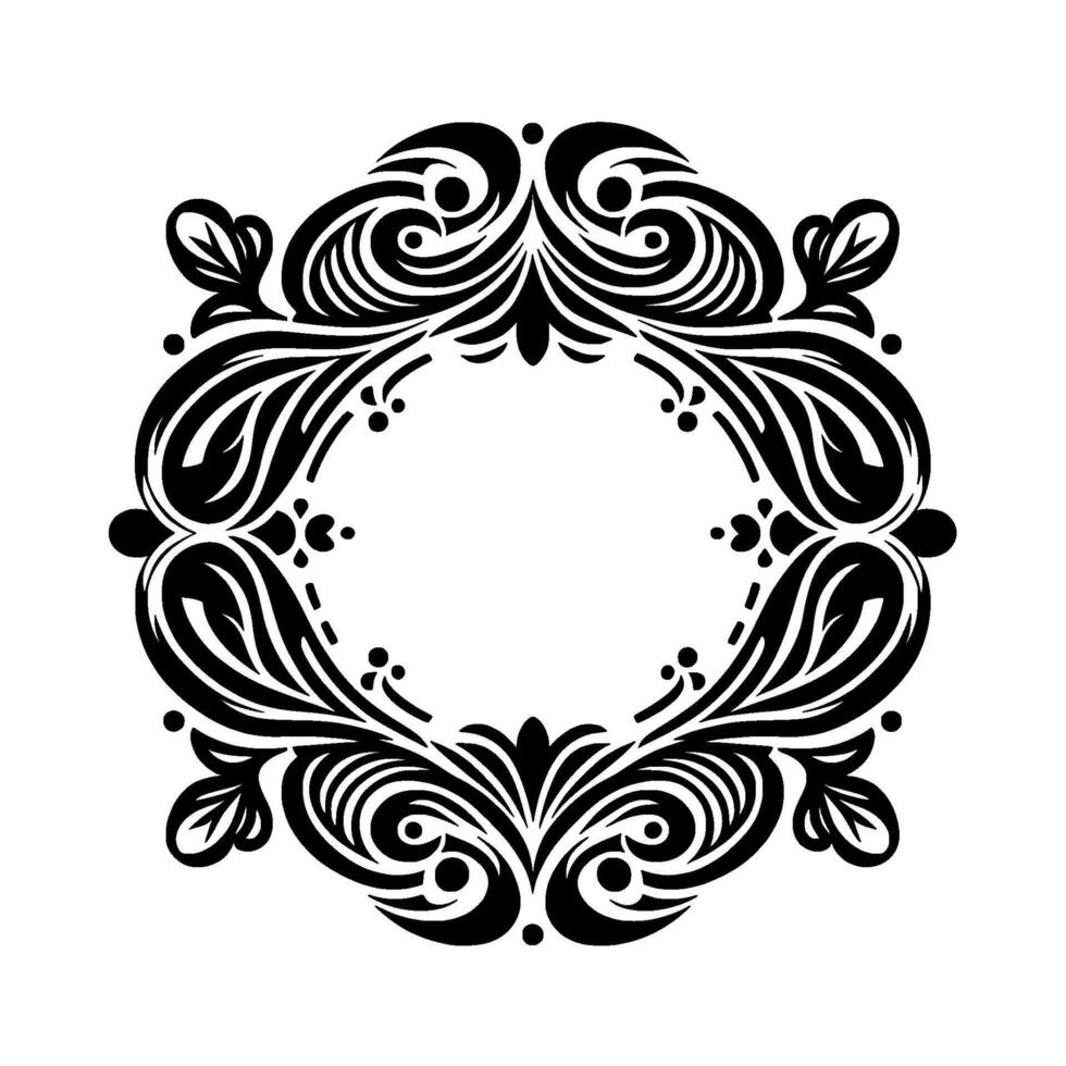 Intricate Black White Ornamental Wreath with Floral and Swirl Elements, Ideal for Frames or Decorative Embellishments. vector