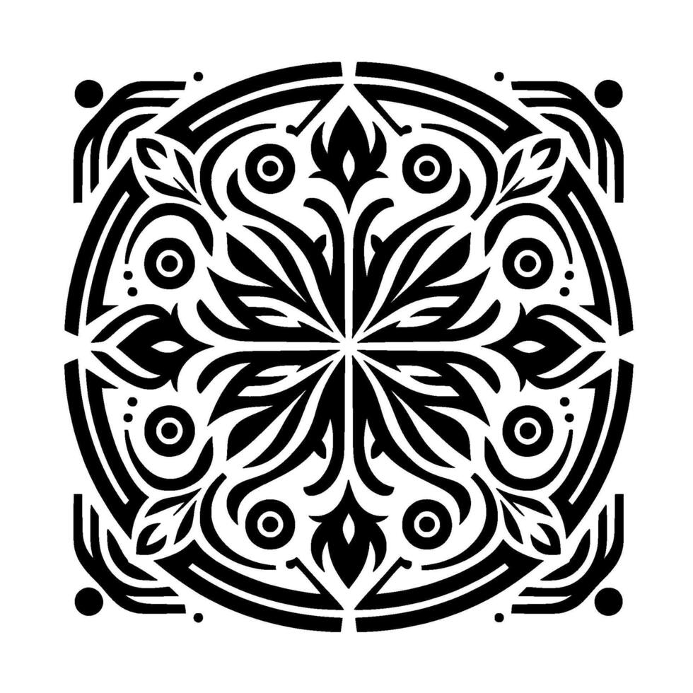 Intricate Circular Black and White Mandala Featuring Floral and Geometric Elements, Symmetric and Decorative. vector