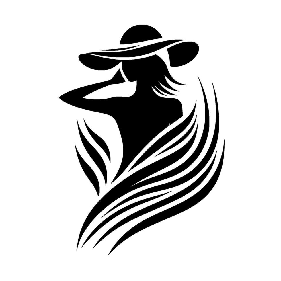 Elegant Silhouette A Woman in a WideBrimmed Hat and Flowing Details, Rendered in Bold Black and White, with a Graceful Pose. vector