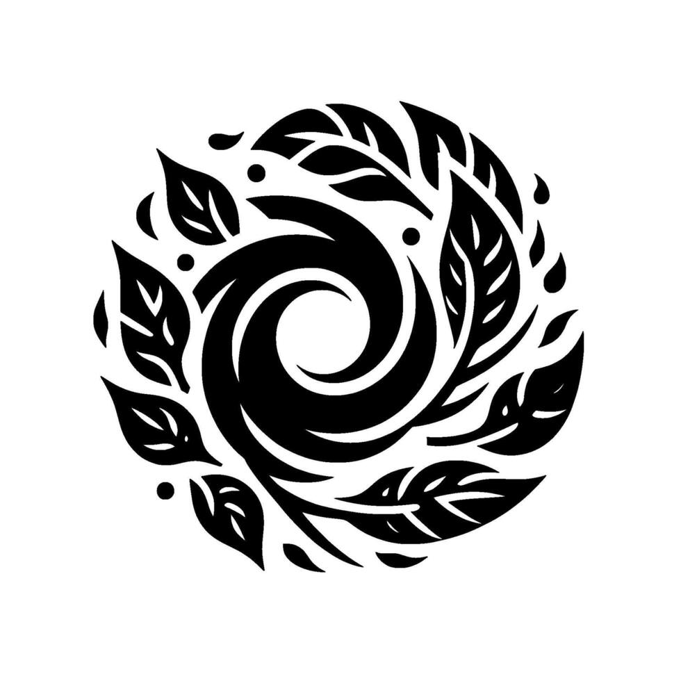 A symmetrical black and white circular featuring a spiral center, surrounded by leaves, droplets, and dots, creating an elegant natural motif. vector
