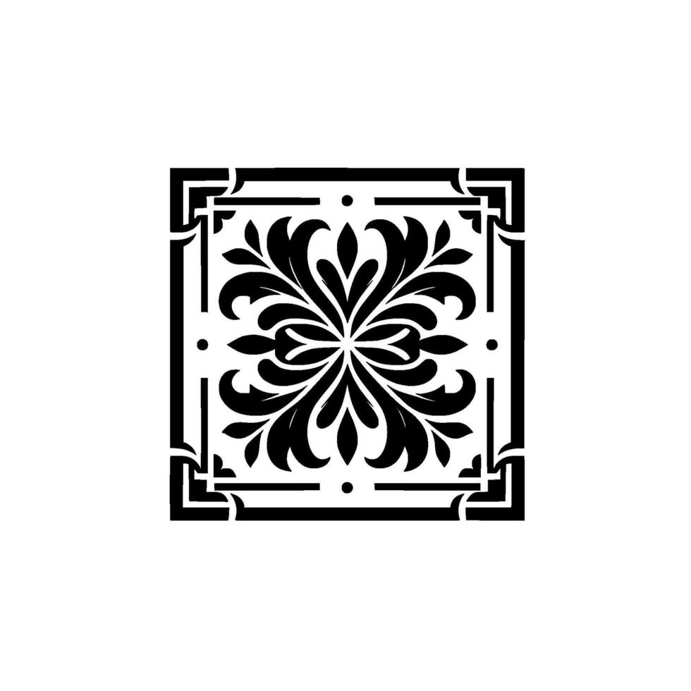 An ornate, symmetrical black floral within a square frame, showcasing stylized leaves and corner embellishments on a white background. vector