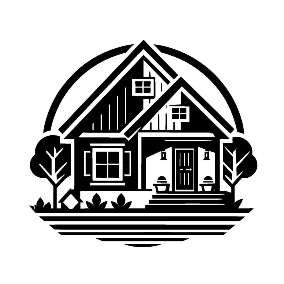 Black and White Silhouette Cozy Cottage with Trees, Blossoms, and a Circular Frame, Evoking Rural Charm Simple Living. vector