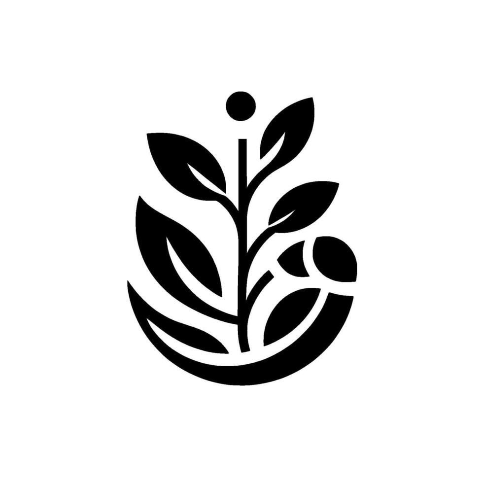 A symmetrical black and white stylized botanical illustration featuring a central leafy stem, rounded base, and a dot at the top, evoking a sense of balance and harmony. vector