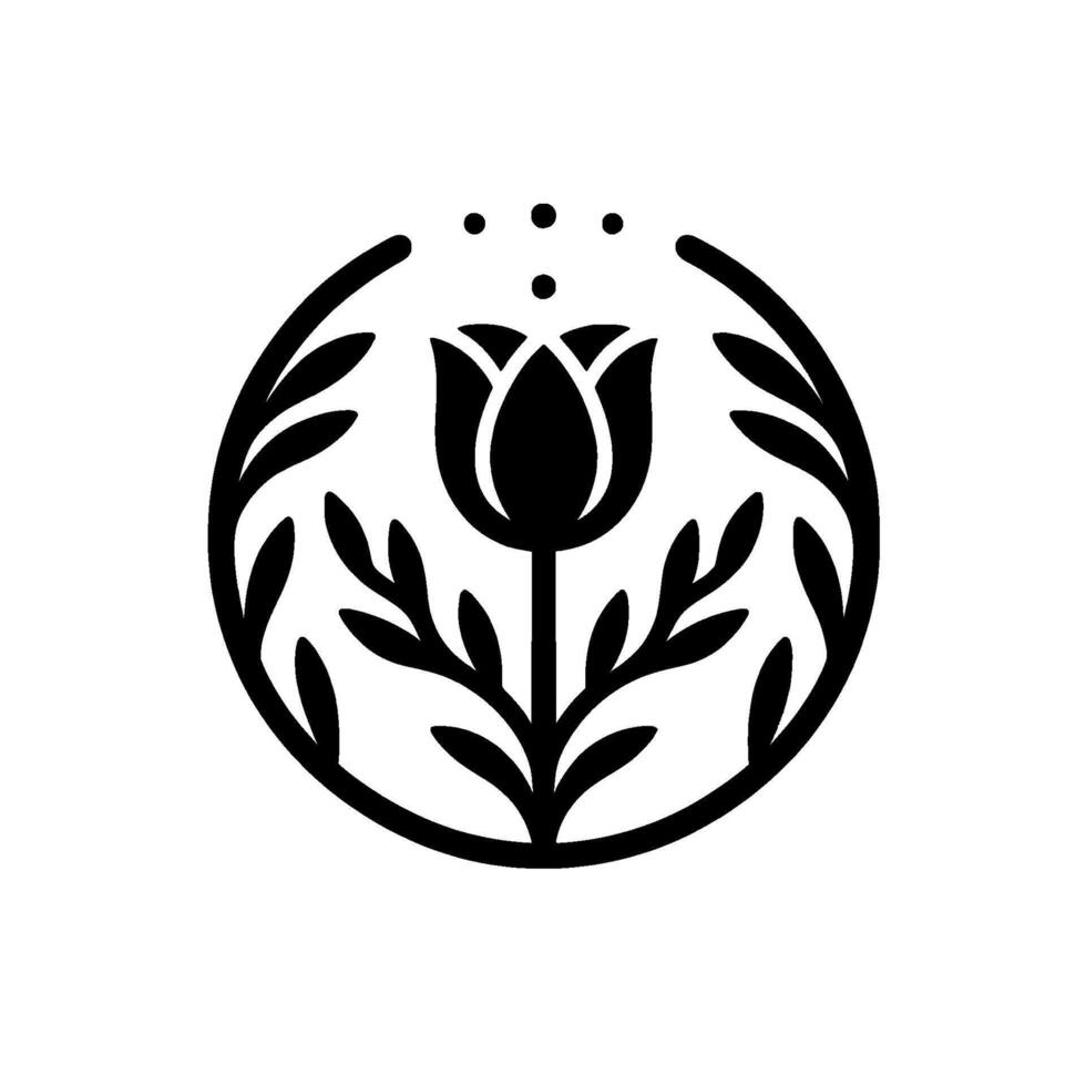Elegant Minimalist Black and White Floral Emblem Featuring a Tulip Surrounded by a Circular Foliage Frame with Dot Accents. vector