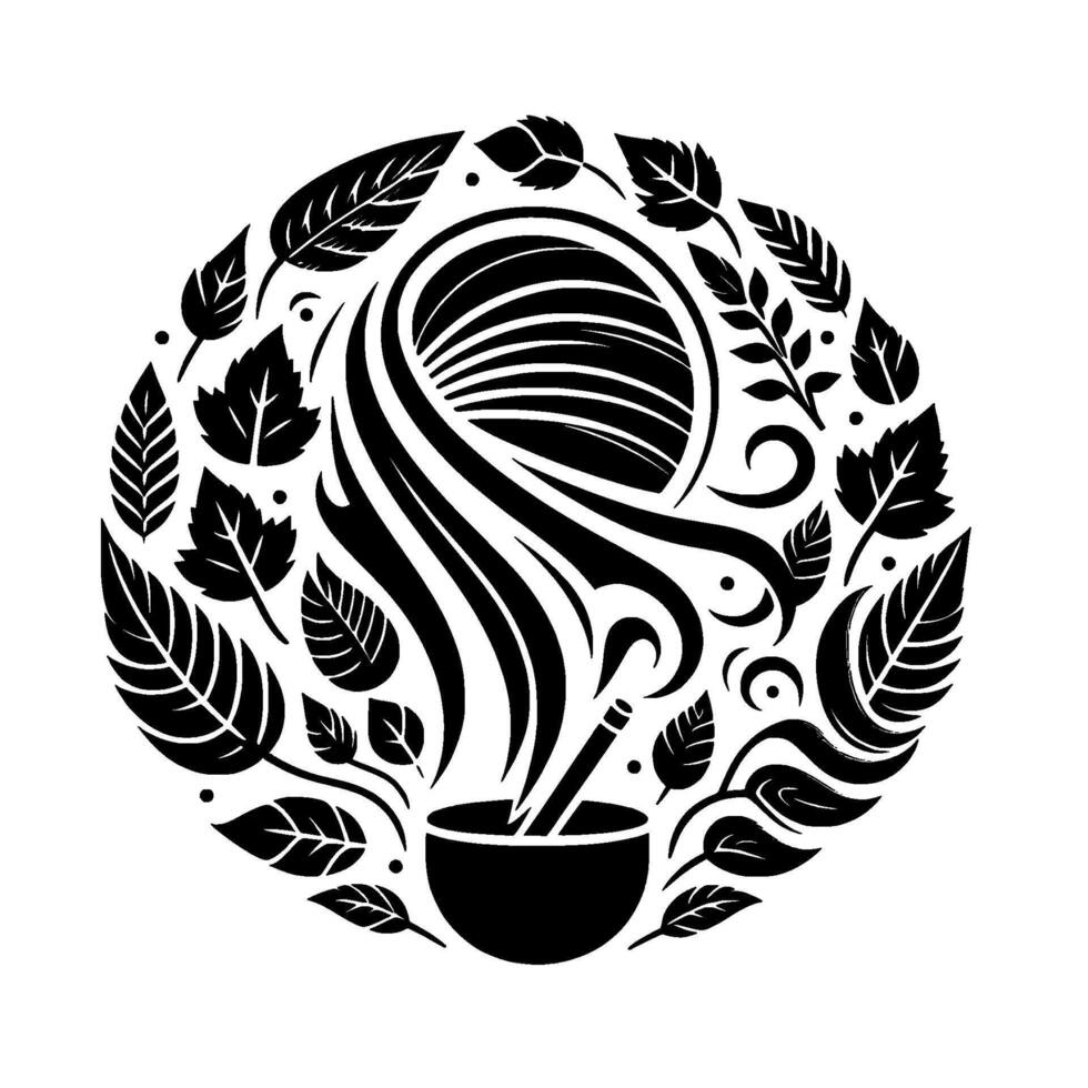 An elegant black and white circular showcasing a mortar and pestle with swirling steam, leaves, and botanical elements, symbolizing natural healing and herbal remedies. vector