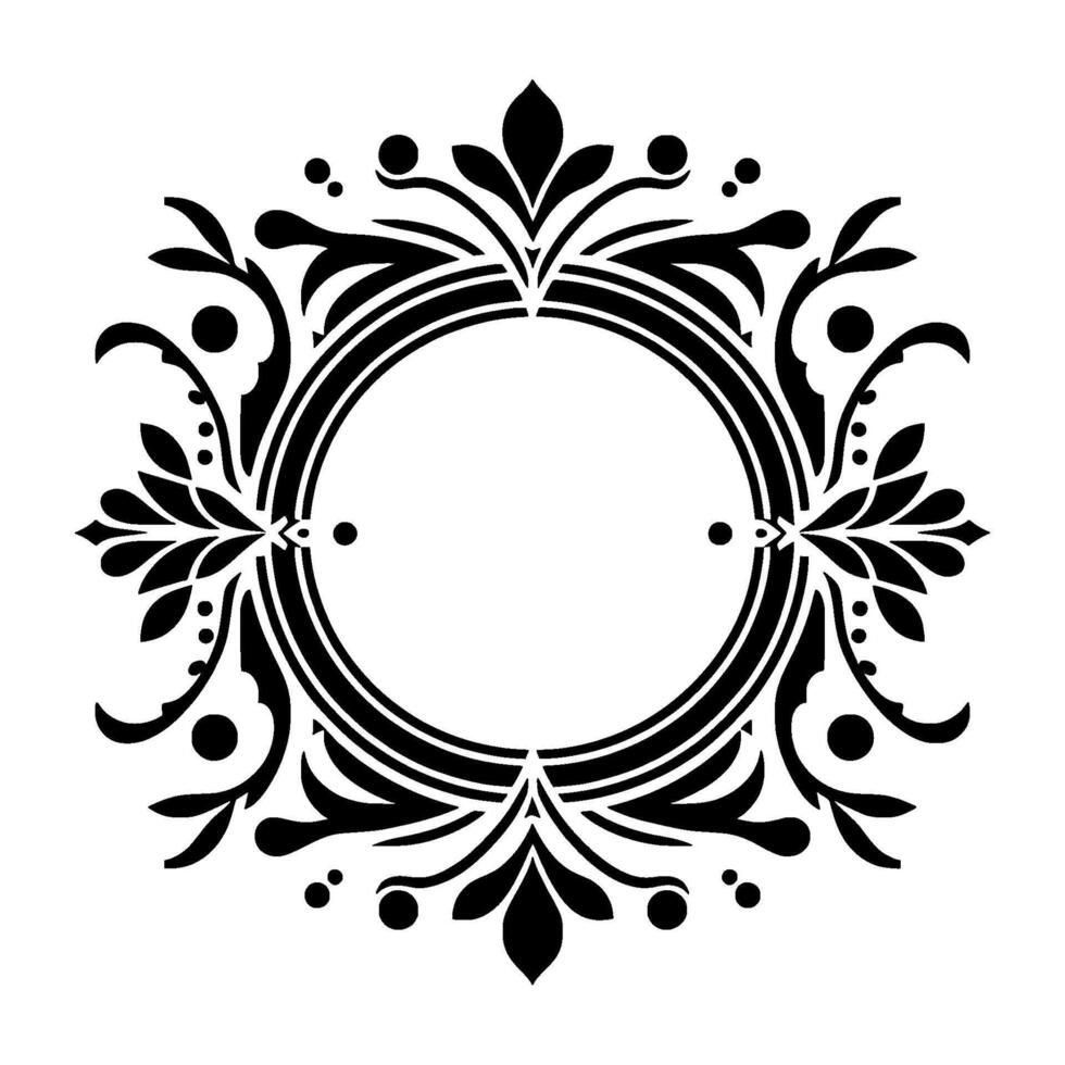 Intricate Black and White Floral Frame with Circular Center, Evoking Elegance and Symmetry. vector