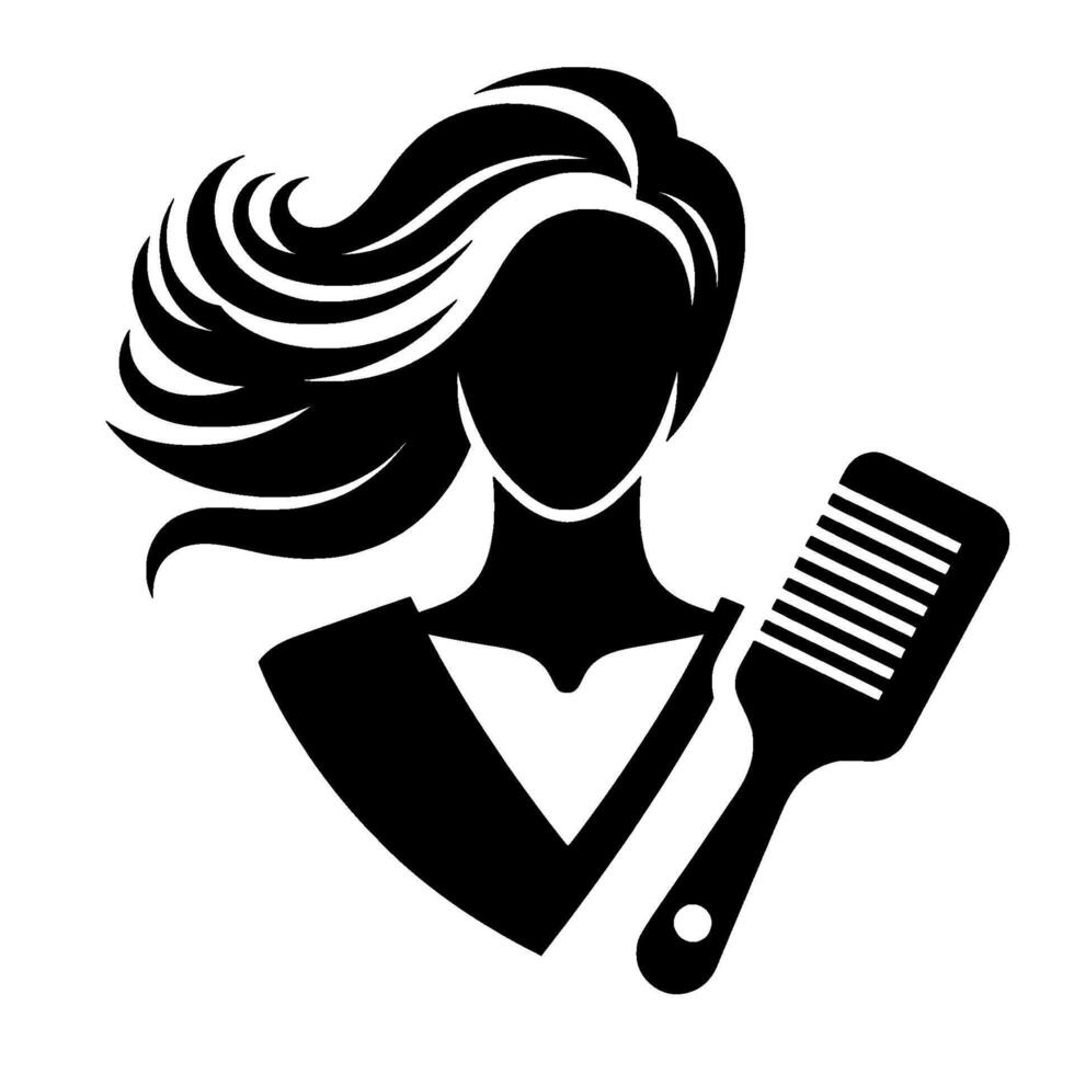 Silhouette of a woman with flowing hair and comb, embodying salon services and beauty care, minimalist , black and white contrast. vector