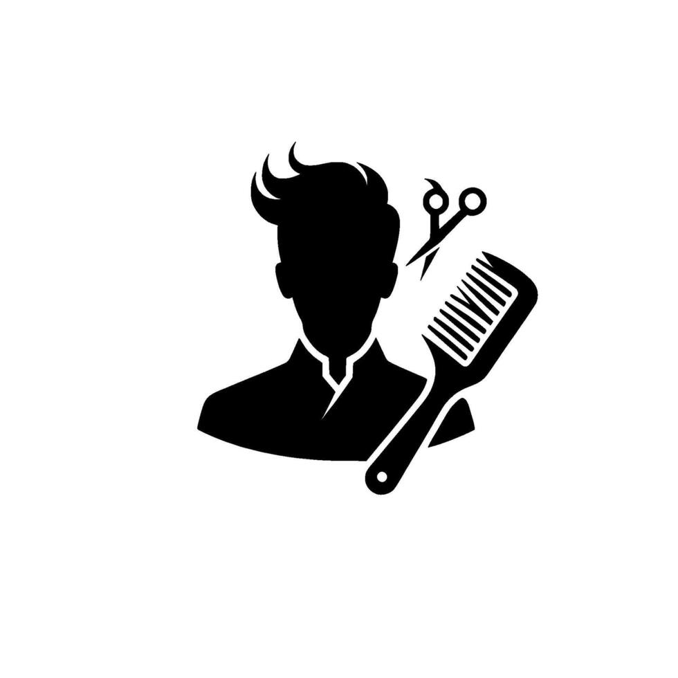 Silhouette of a Male Hairstylist with comb, scissors, and stylishly coiffed hair, representing the barbering profession. vector