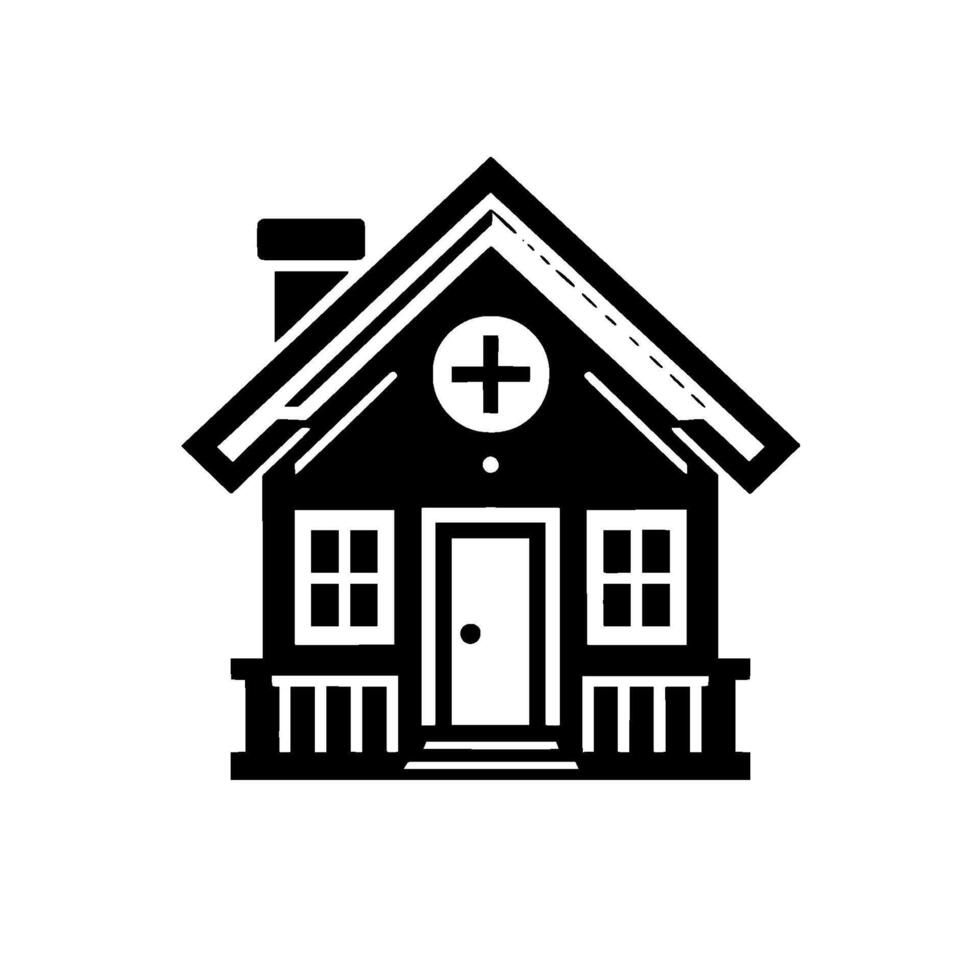 A minimalist black and white illustration of a house, featuring a cross, suggesting a medical facility or clinic, showcasing its geometric and symbolic representation. vector