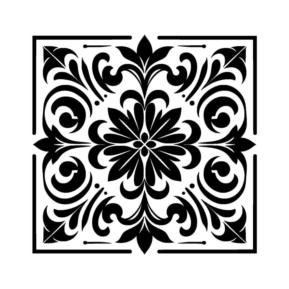 Symmetrical Black and White Floral Ornament with a Square Frame, Classic Ornamental for Decoration. vector