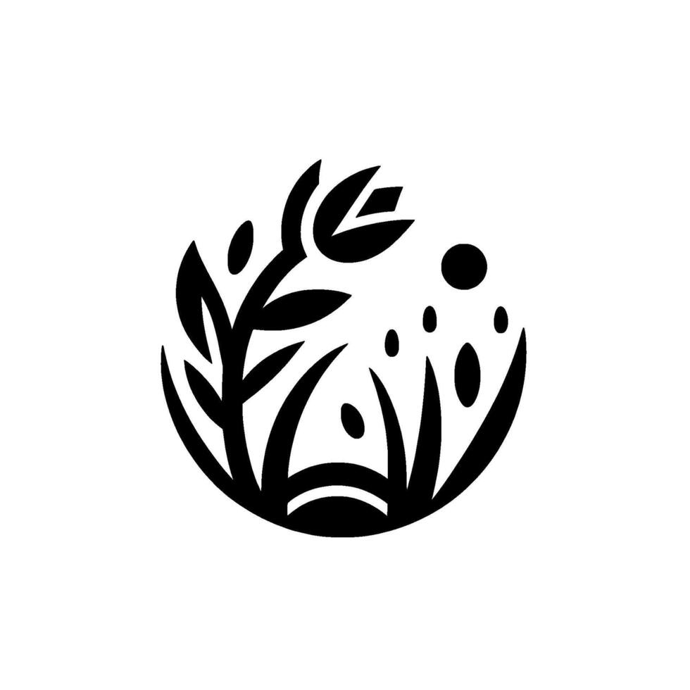 A minimalist black and white floral emblem, depicting stylized plant life within a spherical border, evoking simplicity and natural beauty. vector