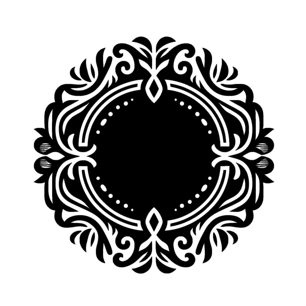 Intricate Black and White Ornamental Circular with Ornate Flourishes and a Central Black Space, Exuding Elegance. vector