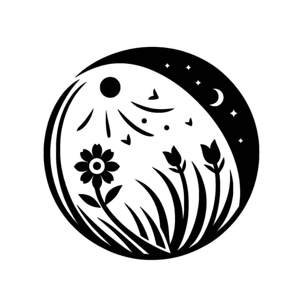 Black and White Circular Silhouette Day and Night Scene with Sun, Flower, Tulips, Moon, and Stars, in a serene, minimalist composition. vector