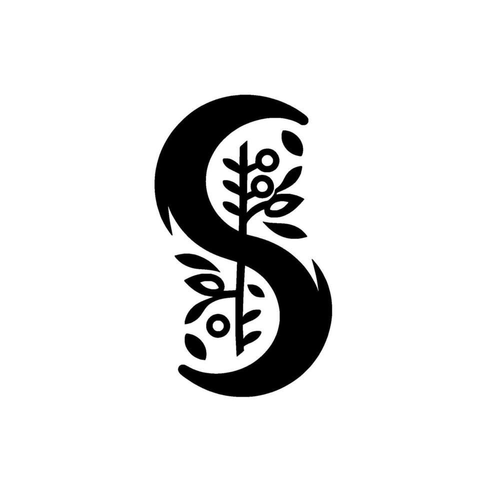 Abstract Black and White Featuring a Stylized S Shape with a Central Plant Motif, Representing Growth and Harmony. vector