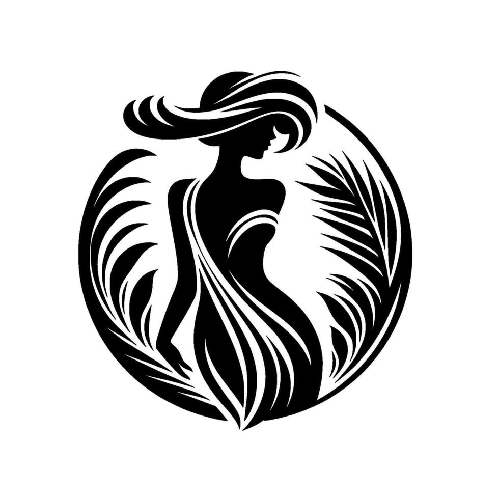 Elegant Silhouette of a Woman in a WideBrimmed Hat and Flowing Dress, Framed by Stylized Leaves and Enclosed in a Circular . vector