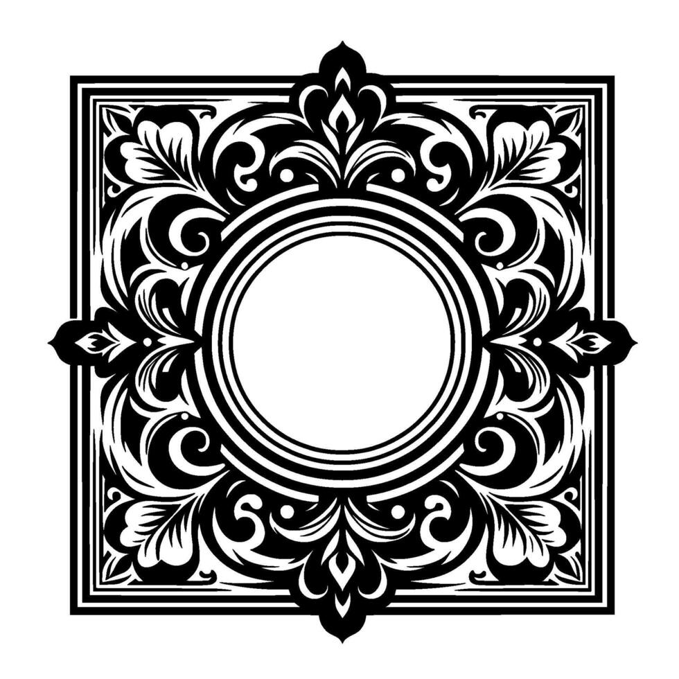 Intricate Black and White Ornamental with Floral Motifs Centering a Circular Space, Ideal for Text or a , on a White Background. vector
