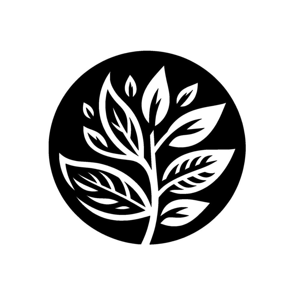 Minimalist Black and White Illustration of a Leafy Branch Within a Circle A Study in Contrast and Organic Form. vector