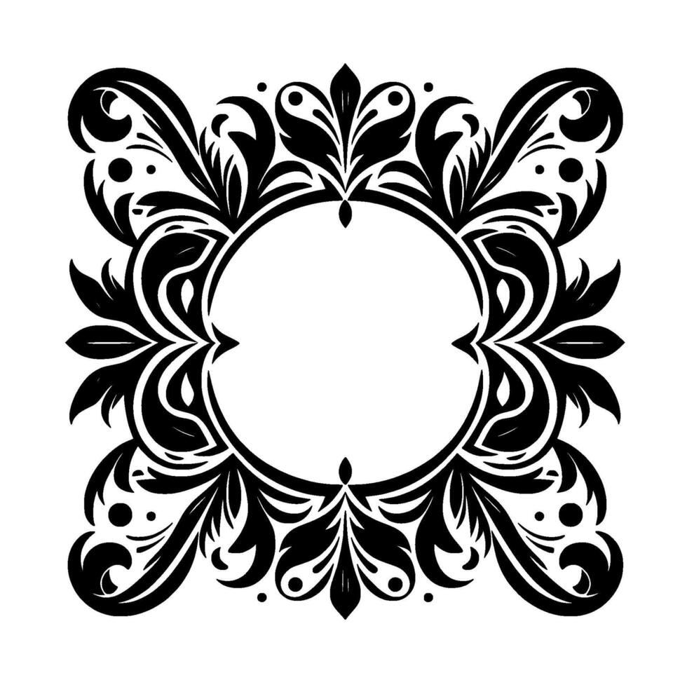 Intricate Black and White Circular Floral Frame with Decorative Foliage and Symmetrical Flourishes, Ideal for Invitations. vector