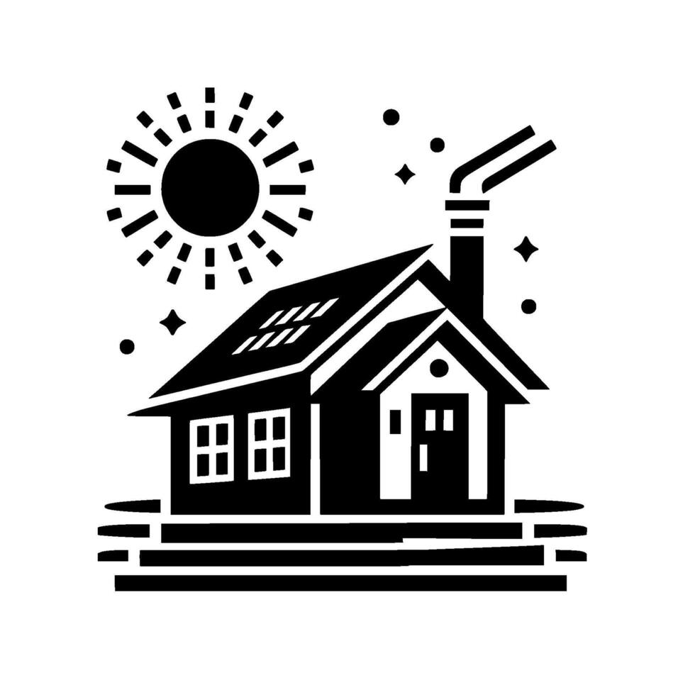 Stylized Black and White Illustration of a House with Solar Panels on Roof, Sunny Day and chimney, clean Lines. vector