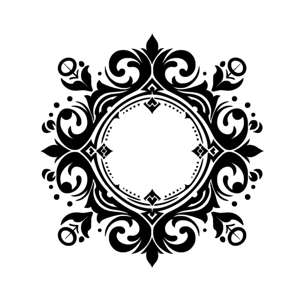Elegant Black and White Circular Ornament with Floral and Swirl Motifs Encircling a Blank Center, Perfect for Elements. vector