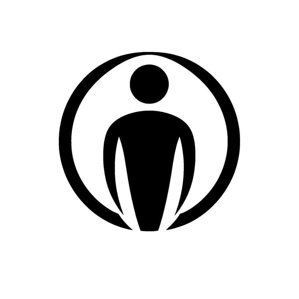 Minimalist silhouette of a human figure enclosed within a circle, showcasing a shadow, suggesting presence and form, presented in black and white. vector