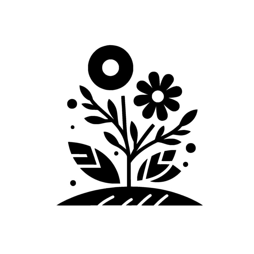 A stylized, symmetrical black and white illustration of a plant with a central stem, two flowers, various leaves and accents, suggesting a minimalist, decorative . vector