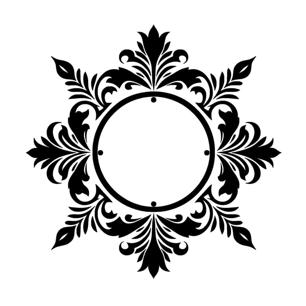 Intricate Black and White Floral Crest with Circular Center, Symmetrical , Detailed Leaves and Spirals, Perfect for Ornamental Frames and Emblems. vector