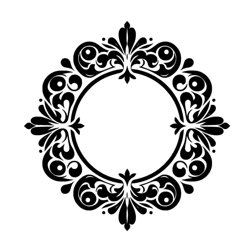 Intricate Black and White Circular Ornamental Featuring Floral and Swirl Elements, Ideal for Decorative Frames or Embellishments. vector